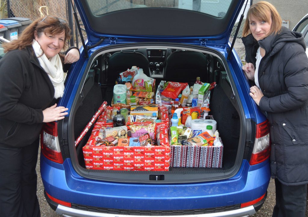 Catriona and Karen with hampers for Aberdeenshire North Food Bank